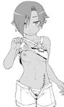  blush breasts character_request copyright_request covered_nipples dark_skin earrings greyscale jewelry large_breasts monochrome nipples one_breast_out open_fly pointy_ears pubic_hair scar shirt_lift short_hair shorts smile solo stitches tsukudani_(coke-buta) unzipped 