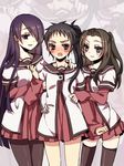  black_hair brown_hair cosplay genderswap genderswap_(mtf) himuro_tatsuya kasamatsu_yukio kuroko_no_basuke long_hair long_sleeves mole mole_under_eye momose multiple_girls nanamori_school_uniform purple_hair school_uniform serafuku short_hair short_over_long_sleeves short_sleeves takao_kazunari yuru_yuri 