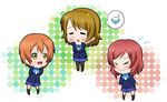  &gt;_&lt; :d =_= blazer bowl brown_hair closed_eyes flying_sweatdrops highres hoshizora_rin jacket koizumi_hanayo love_live! love_live!_school_idol_project mugyuuu_(mugyu_going) multiple_girls nishikino_maki open_mouth otonokizaka_school_uniform pantyhose red_hair rice rice_bowl school_uniform short_hair skirt smile spoken_food yellow_eyes 