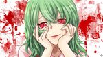  blood blood_splatter green_hair hands_on_own_cheeks hands_on_own_face kazami_yuuka parody red_eyes short_hair smile solo south. touhou yandere_trance 