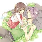  1girl ascot bad_id bad_pixiv_id bare_shoulders barefoot blue_eyes brown_eyes brown_hair clover clover_(flower) coat copyright_name dress flower four-leaf_clover garry_(ib) head_wreath ib ib_(ib) long_hair lying naan on_back purple_hair red_eyes short_hair sitting skirt smile 