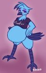  2019 anisodactyl anthro askbumpywish avian beak belly big_belly bird blue_feathers bottomless breasts clothed clothing crop_top feathers female hand_on_hip pregnant shirt simple_background smile solo tweetfur twitter 