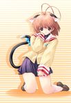  animal_ears antenna_hair brown_eyes brown_hair cat_ears cat_tail clannad furukawa_nagisa hikarizaka_private_high_school_uniform kiyama_satoshi school_uniform short_hair skirt solo striped striped_background tail 