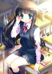  bag blue_eyes blush brown_hair desk highres long_hair necktie nojima_noko on_desk original plaid plaid_skirt ribbon school_bag school_desk shopping_bag sitting sitting_on_desk skirt solo sweater_vest thighs vest 