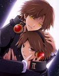  brown_hair dark_persona dual_persona evil_smile gakuran hanamura_yousuke headphones hug looking_at_viewer male_focus mayokichi multiple_boys persona persona_4 school_uniform smile yellow_eyes 