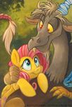  antlers blue_eyes couple cute cutie_mark discord_(mlp) draconequus equine eye_contact fangs female feral fluttershy_(mlp) friendship_is_magic horn horse love male mammal my_little_pony outside pegasus pony red_eyes sophiecabra tess_garman traditional_art traditional_media tree wings 