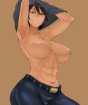  abs armpits arms_up bakuya belt black_hair breasts brown_background chequita denim dog_tags green_eyes highres huge_breasts jeans jormungand looking_down navel nipples pants shirt_over_head short_hair simple_background smile solo tan topless 