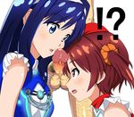  2girls blue_eyes blue_hair blush censored cheek_poking futaba_aoi_(vividred_operation) hat hetero interrupted isshiki_akane ko-yan long_hair mosaic_censoring multiple_girls open_mouth palette_suit penis penis_on_face poking short_hair twintails vividred_operation 