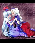  ass blue_hair blush braid breasts couple dress face-to-face hat holding_hands kamishirasawa_keine letterboxed long_hair medium_breasts multiple_girls night-moon nurse_cap red_eyes silver_eyes silver_hair sitting smile touhou yagokoro_eirin yuri 