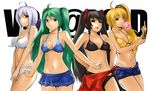  ahoge akita_neru bikini black_hair blonde_hair blue_eyes cellphone green_hair hands_on_hips hatsune_miku long_hair multiple_girls navel phone red_eyes short_shorts shorts side-tie_bikini side_ponytail silver_hair simple_background swimsuit twintails vocaloid voyakiloid white_background yellow_eyes yowane_haku yuki_tarou zatsune_miku 