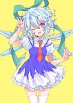  bad_id bad_pixiv_id blue_eyes blue_hair bow cirno dress dress_shirt hair_bow highres nail_polish necktie one_eye_closed open_mouth shirt short_hair smile solo thighhighs touhou white_legwear wings yellow_background yutsumoe 