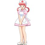  1girl joy_(pokemon) long_hair lowres nurse nurse_cap nurse_joy open_mouth pink_hair pokemon pokemon_(anime) short_dress simple_background smile solo white_background 