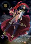  :d absurdres armor bent_over breasts cape cleavage eyeshadow full_body garter_straps highres horns legs long_hair long_legs makeup medium_breasts open_mouth original pig0519 purple_legwear red_eyes red_hair smile sword thighhighs thighs twintails weapon 