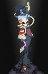  bare_shoulders blue_hair blue_skin detached_sleeves hair_over_one_eye highres jeffrey_cruz leviathan_(skullgirls) long_hair long_skirt red_eyes side_ponytail signature skirt skull skullgirls solo squigly_(skullgirls) stitched_mouth stitches striped striped_legwear striped_sleeves watermark web_address zombie 