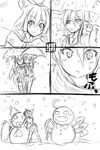  ^_^ ahoge asymmetrical_wings blush bow closed_eyes comic contemporary detached_sleeves fangs greyscale hair_bow hair_tubes hakurei_reimu heavy_breathing houjuu_nue ichimi monochrome multiple_girls numbered_panels o_o open_mouth pointy_ears scarf scythe shared_scarf shovel silent_comic sketch skirt smile snow snowing snowman touhou translation_request umbrella wings 