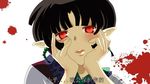  black_hair blood blood_splatter blush chinese earrings hands_on_own_cheeks hands_on_own_face inuyasha japanese_clothes jewelry kagura_(inuyasha) kimono lostkagura open_mouth parody pointy_ears red_eyes short_hair solo translated yandere_trance 
