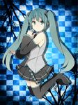  bad_id bad_pixiv_id boots checkered checkered_background detached_sleeves green_eyes green_hair hatsune_miku long_hair skirt solo thigh_boots thighhighs twintails very_long_hair vocaloid yukichi_(eikichi) 
