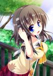  blue_eyes brown_hair headphones highres original school_uniform shirasu_youichi short_hair solo 