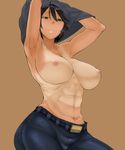  abs armpits arms_up bakuya belt black_hair breasts brown_background chequita denim dog_tags green_eyes highres huge_breasts jeans jormungand looking_down navel nipples one-piece_tan pants shirt_over_head short_hair simple_background smile solo tan tanline topless 