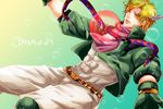  blonde_hair bubble caesar_anthonio_zeppeli dated facial_mark feathers fingerless_gloves gloves green_eyes green_jacket hair_feathers jacket jewelry jojo_no_kimyou_na_bouken male_focus petennshi ribbon ring scarf solo tears 