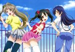  :d ;d absurdres amisaki_ryouko ass black_hair black_legwear blue_hair bow brown_eyes casual cloud day hair_bow hands_on_hips highres legs long_hair looking_back love_live! love_live!_school_idol_project minami_kotori multiple_girls non-web_source nyantype off_shoulder official_art one_eye_closed open_mouth pants ponytail railing red_eyes red_shirt scan shirt skirt sky smile sonoda_umi t-shirt thighhighs twintails very_long_hair white_legwear yazawa_nico yellow_eyes yellow_shirt zettai_ryouiki 