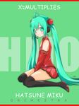  ahoge artist_name boots character_name detached_sleeves green_eyes green_hair hatsune_miku headset kowiru letterboxed long_hair sitting skirt solo thigh_boots thighhighs twintails very_long_hair vocaloid wariza 