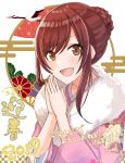  1girl 2019 :d animal bangs bird blush braid brown_eyes brown_hair commentary_request egasumi eyebrows_visible_through_hair fingernails floral_print fur_collar hair_between_eyes hair_bun highres idolmaster idolmaster_shiny_colors japanese_clothes kimono long_hair looking_at_viewer okutomi_fumi oosaki_amana open_mouth own_hands_together palms_together pink_kimono print_kimono sidelocks smile solo translation_request 