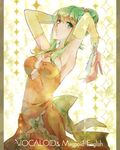  armpits arms_behind_head arms_up bangs beehive_hairdo breasts cleavage dress elbow_gloves gloves green_eyes green_hair gumi hair_up high_heels highres holding holding_shoes jewelry looking_at_viewer megpoid_(vocaloid3) nou orange_dress shoes shoes_removed sidelocks solo thighhighs vocaloid 