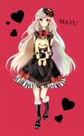  a-shima227 bow doll dress elbow_gloves gloves heart holding kneehighs long_hair looking_at_viewer mayu_(vocaloid) piano_print red_background smile solo stuffed_animal stuffed_bunny stuffed_toy usano_mimi vocaloid yellow_eyes 
