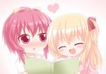  ^_^ blonde_hair blush book child closed_eyes hair_ribbon heart kagerou_(kers) multiple_girls open_mouth pointy_ears red_eyes red_hair ribbon side_ponytail smile sugiura_ayano toshinou_kyouko upper_body younger yuru_yuri 