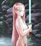  bad_id bad_pixiv_id blonde_hair breasts copyright_request eriance green_eyes long_hair medium_breasts nipples nude pubic_hair solo sword weapon 