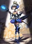  alex_ahad armor armored_dress bare_shoulders breasts cartoonized choker cleavage closed_eyes crossed_legs crown dress elbow_gloves gloves greaves gwendolyn hair_ornament medium_breasts odin_sphere polearm short_hair silver_hair solo spear standing strapless strapless_dress thighhighs weapon 