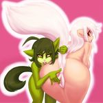  anus bent_over big_butt butt cat feline female green_body green_hair hair lesbian mammal nude open_mouth petit plain_background presenting pussy spread_pussy spreading standing tail_grab vaginal wide_hips yellow_eyes 