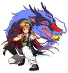  braid dragon eastern_dragon green_eyes hat hong_meiling loafers long_hair one_eye_closed pose red_hair rex_k sharp_teeth shoes smile solo star teeth touhou twin_braids whiskers 