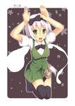  :d artist_name bad_id bad_pixiv_id between_thighs black_hairband black_legwear blush bow bunny_pose green_eyes hairband kneeling konpaku_youmu konpaku_youmu_(ghost) open_mouth samegami scabbard sheath sheathed short_hair silver_hair smile solo sword thighhighs touhou weapon 