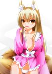  animal_ears blonde_hair blush breasts cleavage cosplay fox_ears fox_tail highres houraisan_kaguya houraisan_kaguya_(cosplay) large_breasts long_hair long_sleeves merry_(diameri) no_pants open_mouth panties solo tail touhou underwear white_panties yakumo_ran 