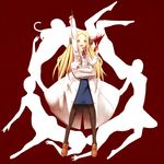  arm_up blonde_hair blood bolt crossed_arms franken_fran heart_(organ) highres icemissile labcoat long_hair madaraki_fran multiple_arms pantyhose pencil_skirt pointing scalpel skirt solo stitches yellow_eyes 