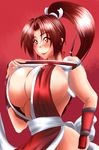  1girl adtjgpt0wmjgpt0wmjg breasts brown_hair erect_nipples fan fatal_fury highres huge_breasts king_of_fighters no_bra ponytail shiranui_mai snk wakamoto_ero_mondo_tadao 