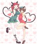  ;d animal_ears ass bare_legs blush bobby_socks bow braid breasts brown_hair cat_ears cat_tail chen commentary_request extra_ears fang hair_bow hat heart heart_tail hiyosuke_(ak_love) jewelry kaenbyou_rin large_breasts long_hair multiple_girls multiple_tails nekomata one_eye_closed open_mouth pantyhose paw_pose red_eyes red_hair short_hair single_earring smile socks standing standing_on_one_leg tail touhou twin_braids white_legwear 