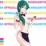  80s apron bad_id bad_pixiv_id blue_eyes bow bowtie breasts carrot detached_collar french green_eyes green_hair jewelry lips long_hair macross medium_breasts meltrandi millia_jenius naked_apron navel necktie nipples oldschool peeler ponytail ring smile solo text_focus topless translated waeba_yuusee zentradi 