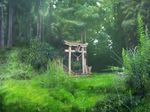  forest geshi grass green landscape nature no_humans original outdoors plant rope scenery shimenawa stairs stone_torii torii tree 