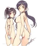  ass bikini black_hair blush bottomless breasts flat_chest gloves large_breasts long_hair looking_at_viewer looking_back love_live! love_live!_school_idol_project multiple_girls no_panties ooyari_ashito red_eyes short_hair short_twintails sketch swimsuit toujou_nozomi twintails yazawa_nico yellow_eyes 