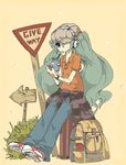  backpack bad_id bad_pixiv_id bag drinking drinking_straw green_eyes green_hair hat hatsune_miku headphones long_hair mato_tsuyoi shoes sitting solo twintails very_long_hair vocaloid watch 