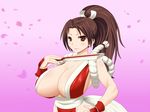  1girl breasts brown_eyes brown_hair fan fatal_fury folding_fan huge_breasts king_of_fighters knot odhiumfree paradise_lost ponytail rope shiranui_mai snk 