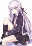  braid danganronpa danganronpa_1 gloves hair_ribbon hiraga_matsuri kirigiri_kyouko long_hair monokuma necktie purple_eyes purple_hair ribbon school_uniform single_braid sitting sitting_on_person skirt 