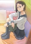  bad_id bad_pixiv_id bathtub black_eyes blue-framed_eyewear blush book brown_hair glasses hair_ornament hairclip looking_at_viewer original parted_lips rano school_uniform semi-rimless_eyewear serafuku short_hair sitting skirt smile socks solo towel under-rim_eyewear 