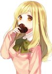  blonde_hair bow bowtie chocolate chocolate_heart covered_mouth covering_mouth green_bow heart long_hair midorikawa_you orange_eyes original pullover school_uniform solo upper_body white_background 