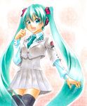  aqua_eyes aqua_hair hatsune_miku headphones long_hair nanami_niina necktie open_mouth project_diva project_diva_(series) skirt solo thighhighs traditional_media twintails very_long_hair vocaloid zettai_ryouiki 