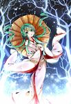  green_eyes green_hair hair_ornament hatsune_miku highres long_hair open_mouth oriental_umbrella snow snowflakes snowing solo umbrella vocaloid xiao_guiling yuki_miku 