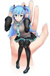 alternate_hair_color bad_id bad_pixiv_id black_legwear blue_hair boots detached_sleeves full_body green_eyes hands hatsune_miku highres in_palm long_hair long_sleeves looking_at_viewer minigirl miniskirt necktie pov roillingm simple_background sitting_on_hand skirt solo_focus thigh_boots thighhighs very_long_hair vocaloid white_background zettai_ryouiki 